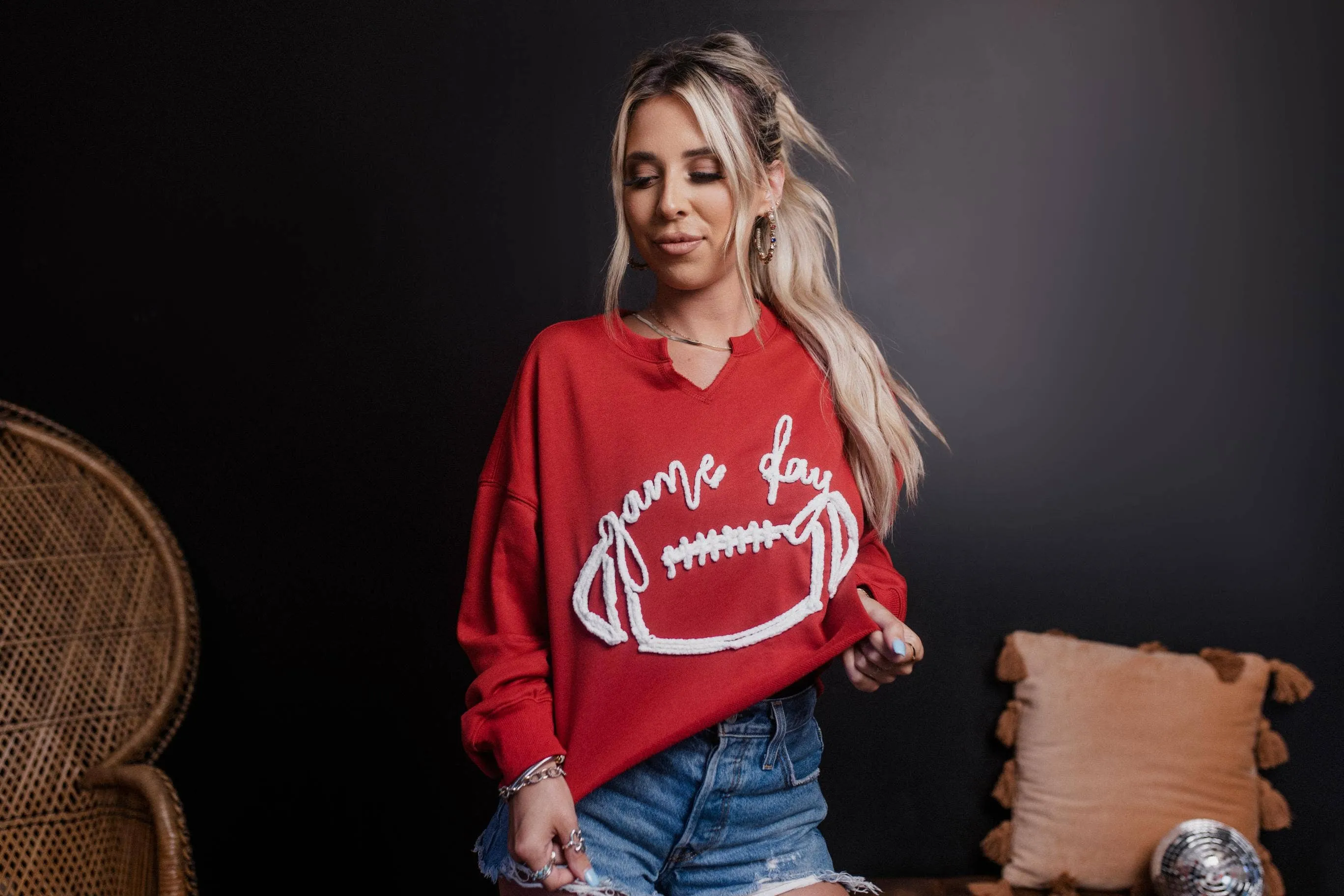 MER107 - Game Day Rope Embroidery Crop Sweatshirt