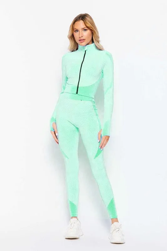 Mint Honey Comb Active Cropped Jacket Leggings Set