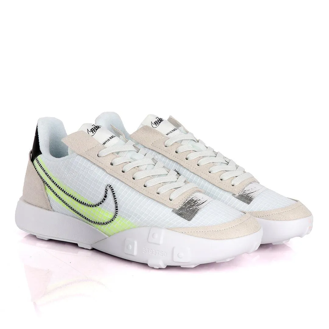 NK Waffle Racer White And Fluorescent Green Sneakers