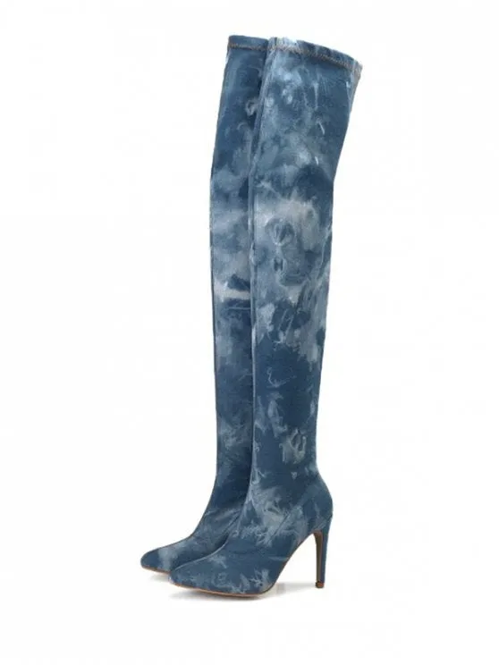 Pretty Pointed Toe Denim Stiletto Thigh High Boots