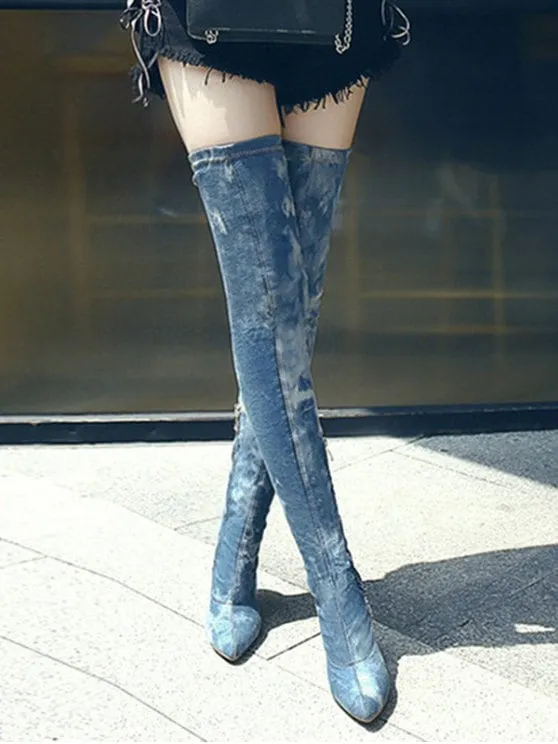 Pretty Pointed Toe Denim Stiletto Thigh High Boots