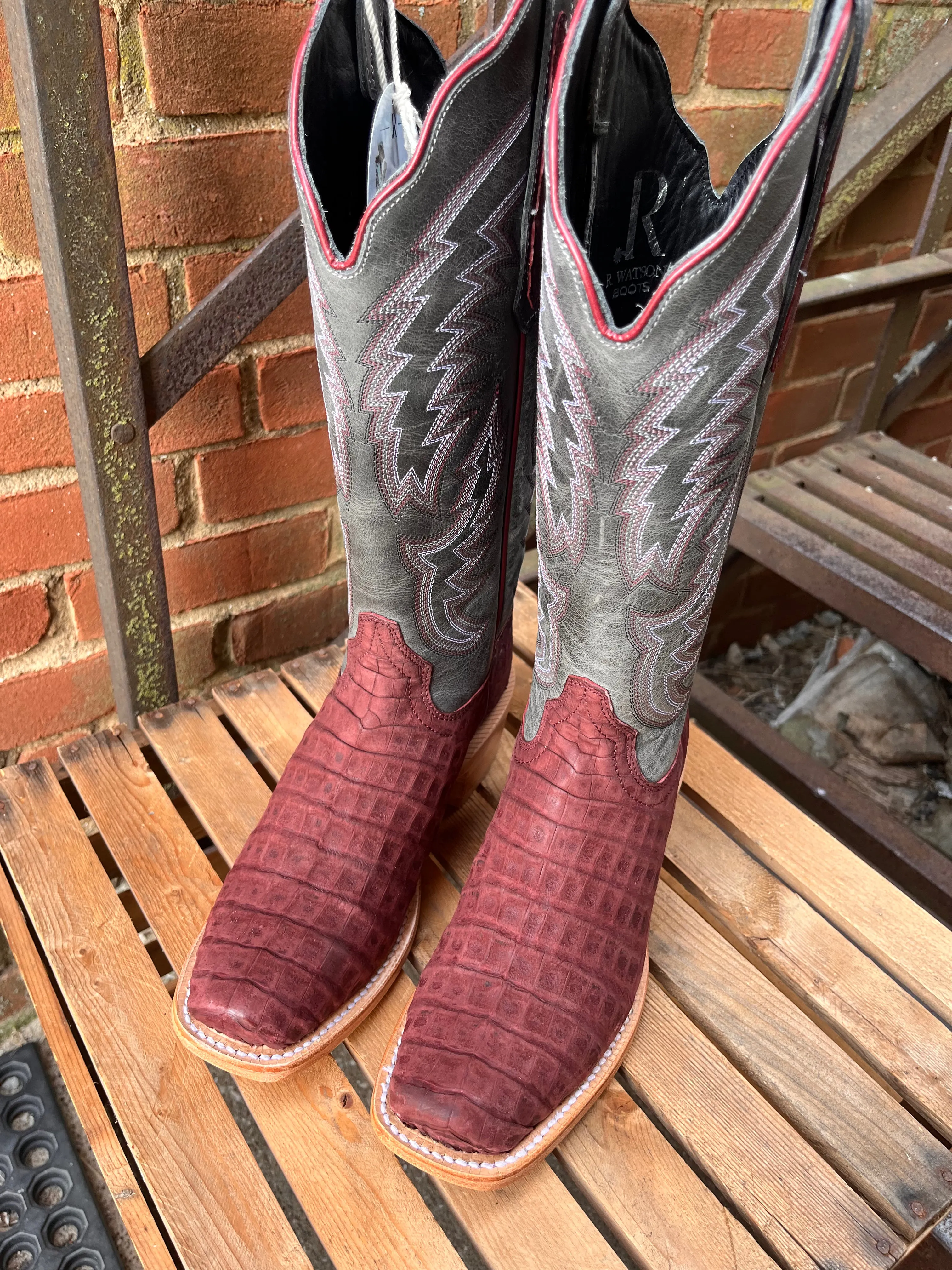 R. Watson Women's Nubuck Rhubarb Caiman Belly Narrow Square Toe Cowgirl Boots RWL2009