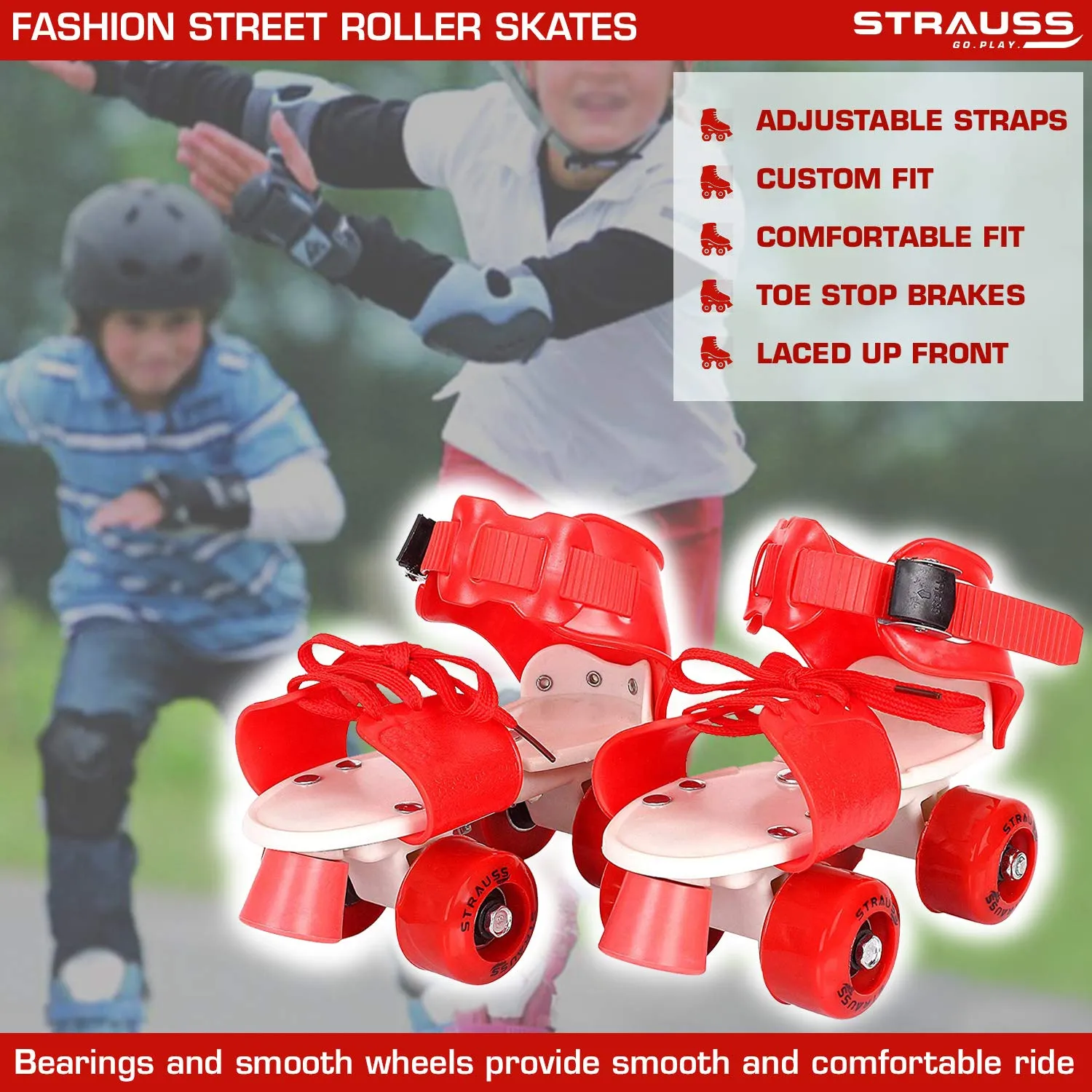 Strauss Kids Roller Skates, 5-11 Years, (Red)