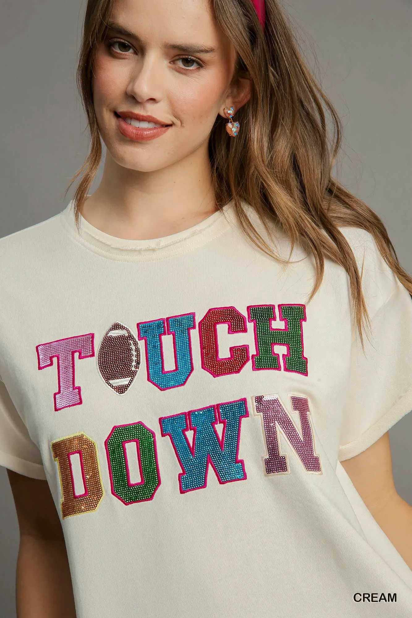 Touchdown no-lining sequins patch french terry round neck top