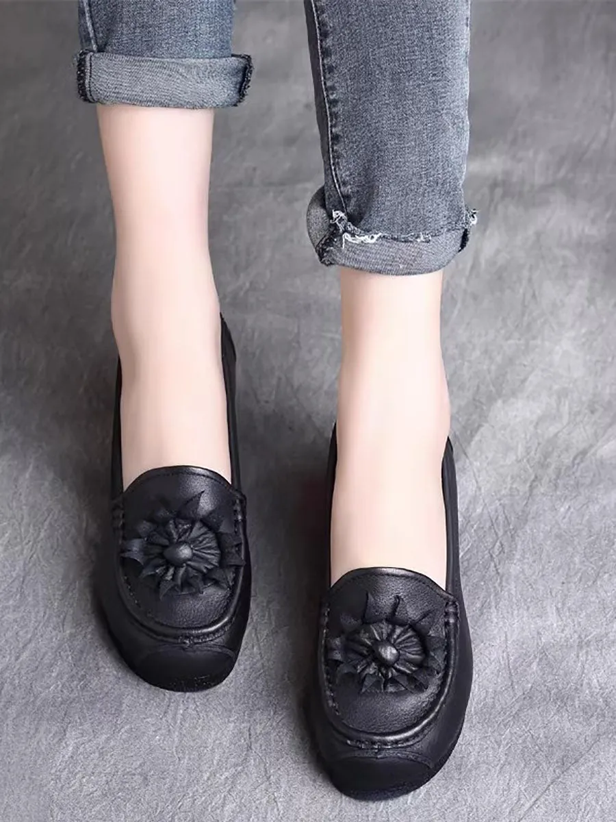 Women Vintage Flower Genuine Leather Low Heel Shoes