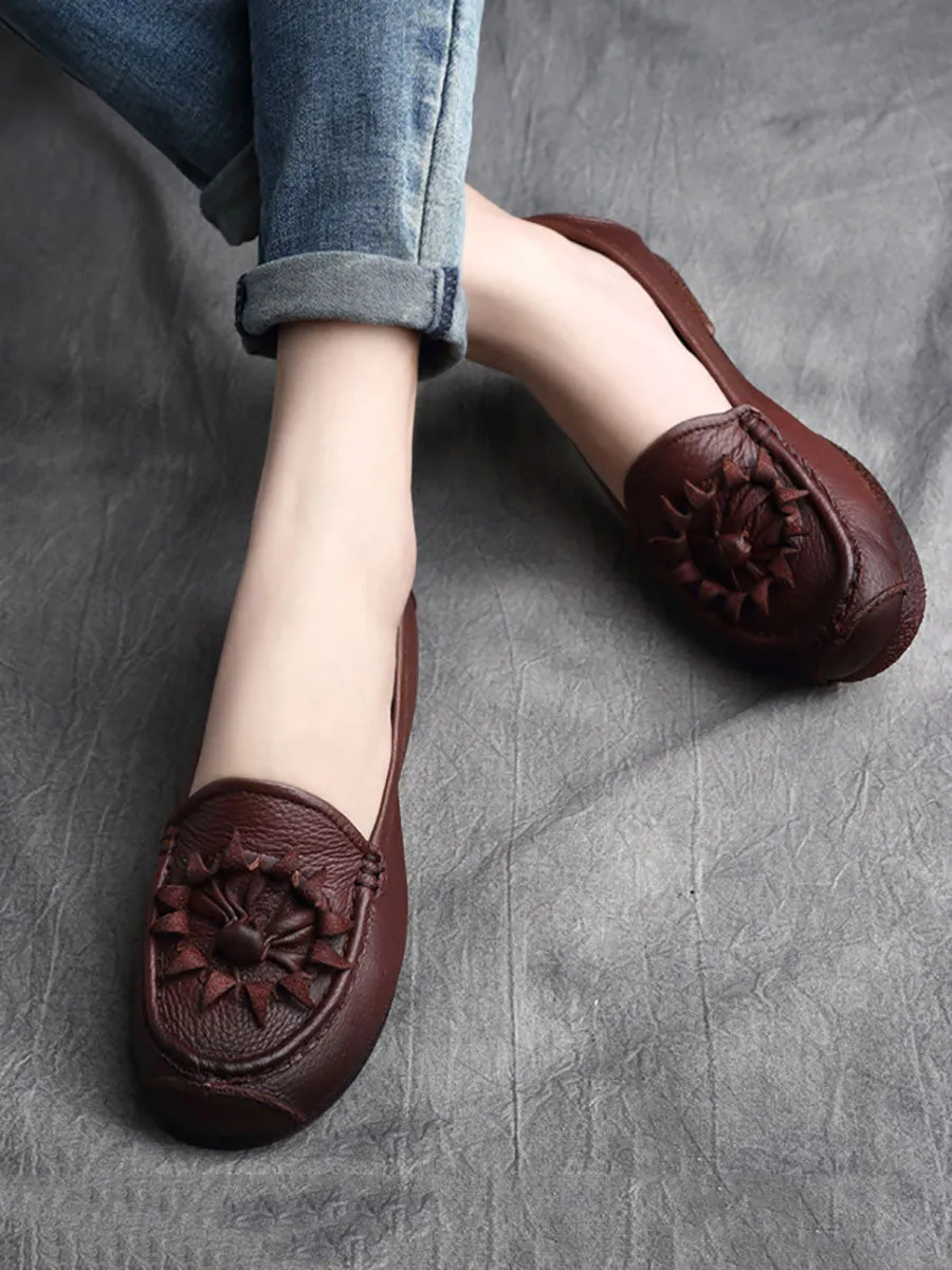 Women Vintage Flower Genuine Leather Low Heel Shoes