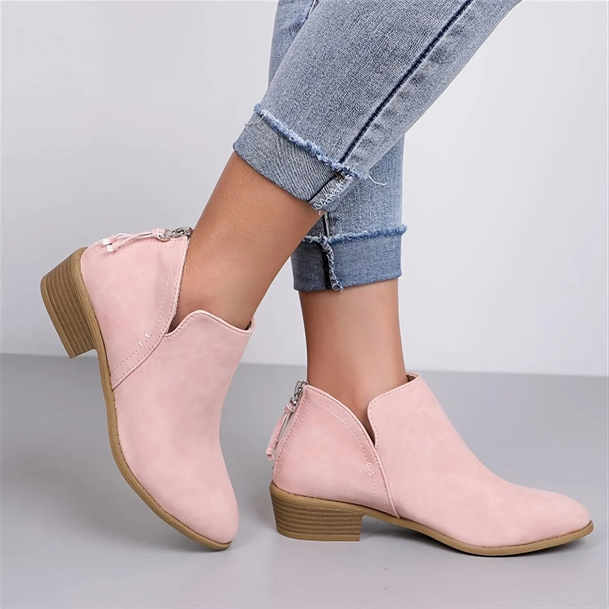 Women's Slip On V Cut Chelsea Boots, Chunky Heeled Point Toe Zipper Short Boots, Women's Footwear