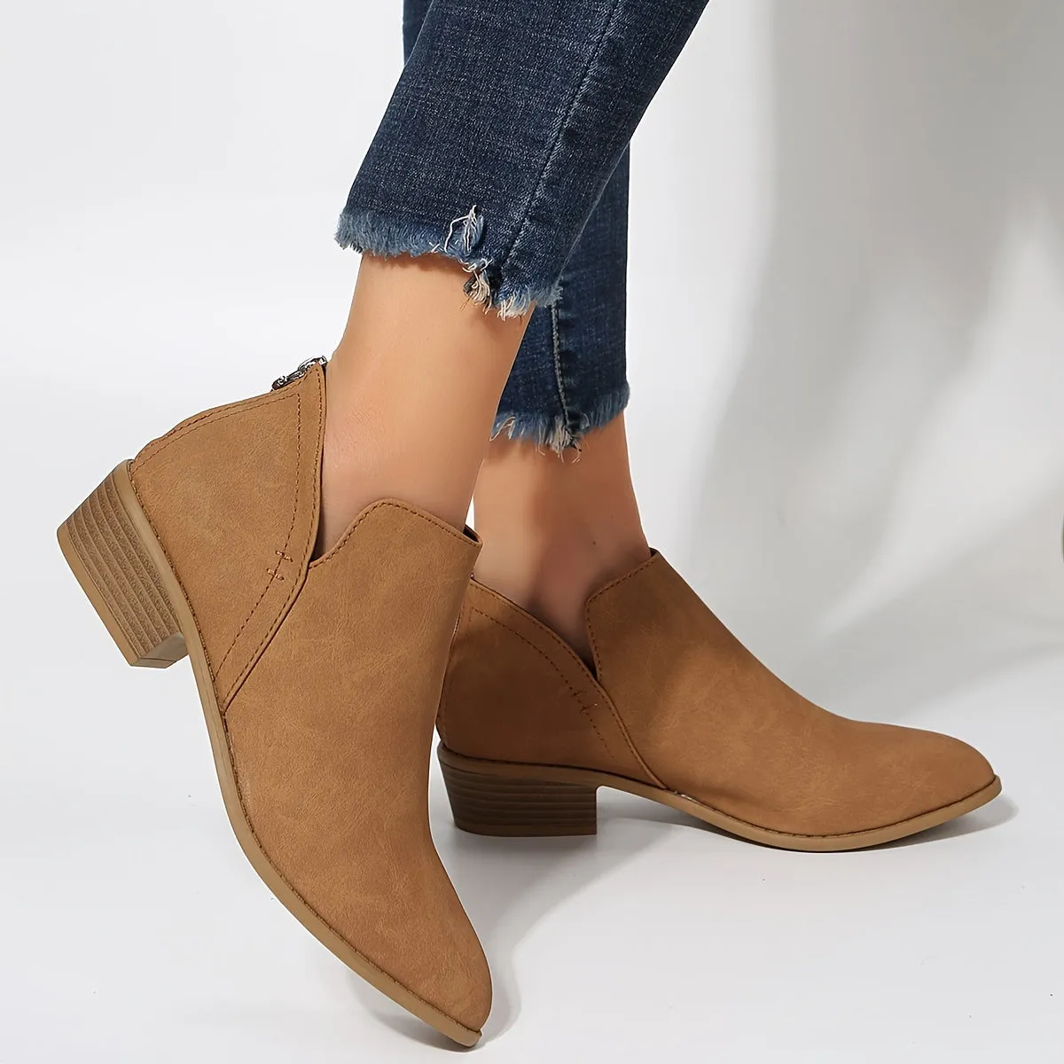 Women's Slip On V Cut Chelsea Boots, Chunky Heeled Point Toe Zipper Short Boots, Women's Footwear