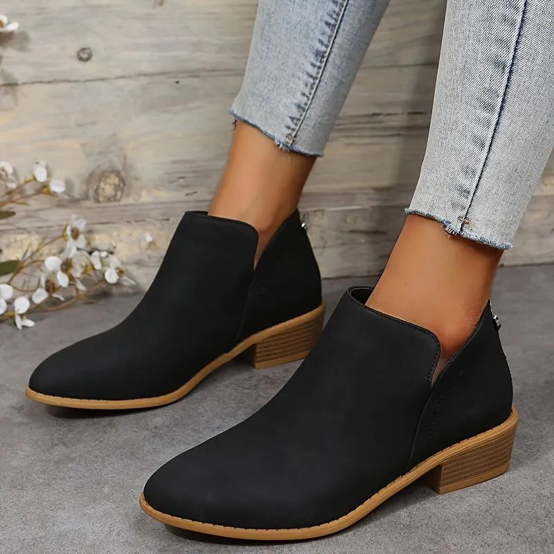 Women's Slip On V Cut Chelsea Boots, Chunky Heeled Point Toe Zipper Short Boots, Women's Footwear